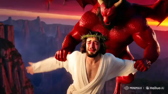 Divine Struggle: Jesus and the Red Demon on Twilight Cliff – AI Generated Video | Hailuo AI
