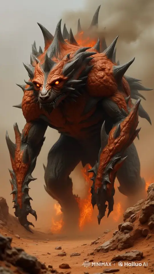 Fiery Monster Walks Through Desolate Terrain – AI Generated Video | Hailuo AI