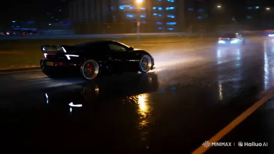 Sleek Sports Car Drifts Through Rainy Urban Night – AI Generated Video | Hailuo AI