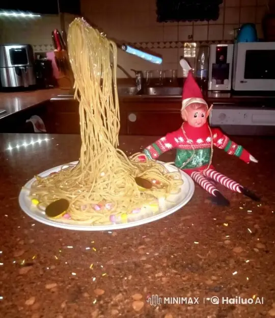 Festive Elf Plays with空中Spaghetti in Animated Kitchen – AI Generated Video | Hailuo AI