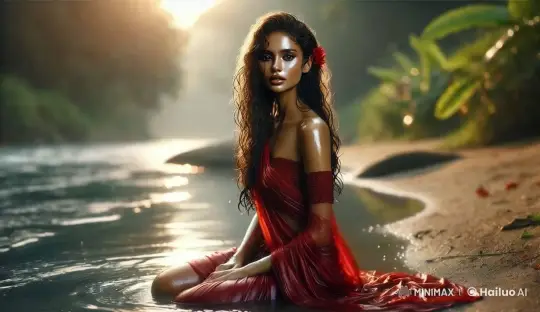 Girl in Red Dress Enjoying Serenity by River – AI Generated Video | Hailuo AI
