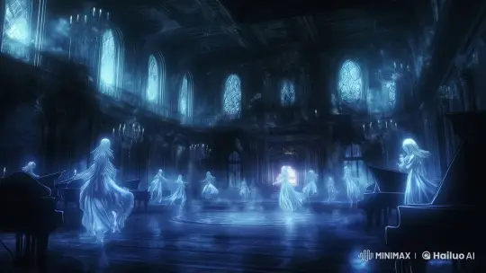 Ghostly Dancers in a Hauntingly Beautiful Ballroom – AI Generated Video | Hailuo AI