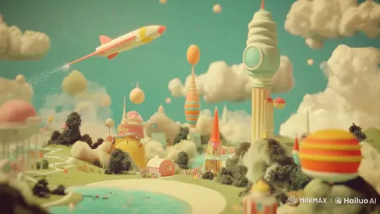 Fantasy World with Rocket, Buildings, and Leisurely Figures – AI Generated Video | Hailuo AI