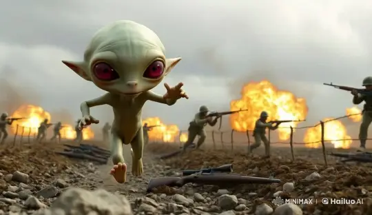 Alien O_No's Desperate Escape in Chaotic Battlefield – AI Generated Video | Hailuo AI