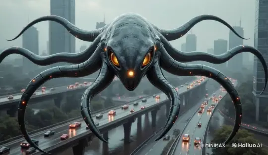 Alien Octopus Spaceship Glides Over Busy City Highways – AI Generated Video | Hailuo AI
