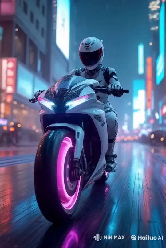 Futuristic Cityscape: Woman Rides Neon-Glowing Motorcycle – AI Generated Video | Hailuo AI