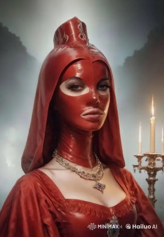 Regal Figure in Red Latex Amidst Mysterious Glow – AI Generated Video | Hailuo AI