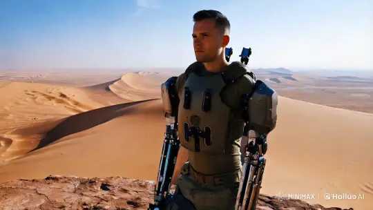 Soldier on Cliff: Camouflaged Guardian of the Desert's Expanse – AI Generated Video | Hailuo AI