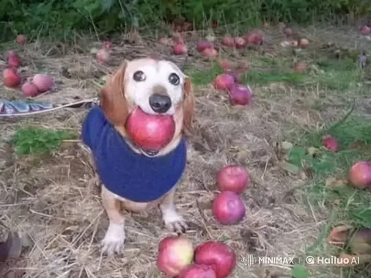 Dog's Fur Turns Red in Soviet-Style Apple Field Scene – AI Generated Video | Hailuo AI