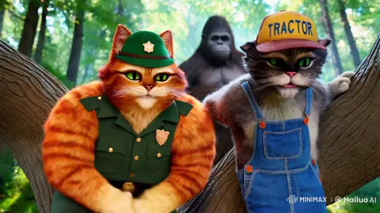 Anthropomorphic Felines Meet Bigfoot in Enchanted Forest – AI Generated Video | Hailuo AI