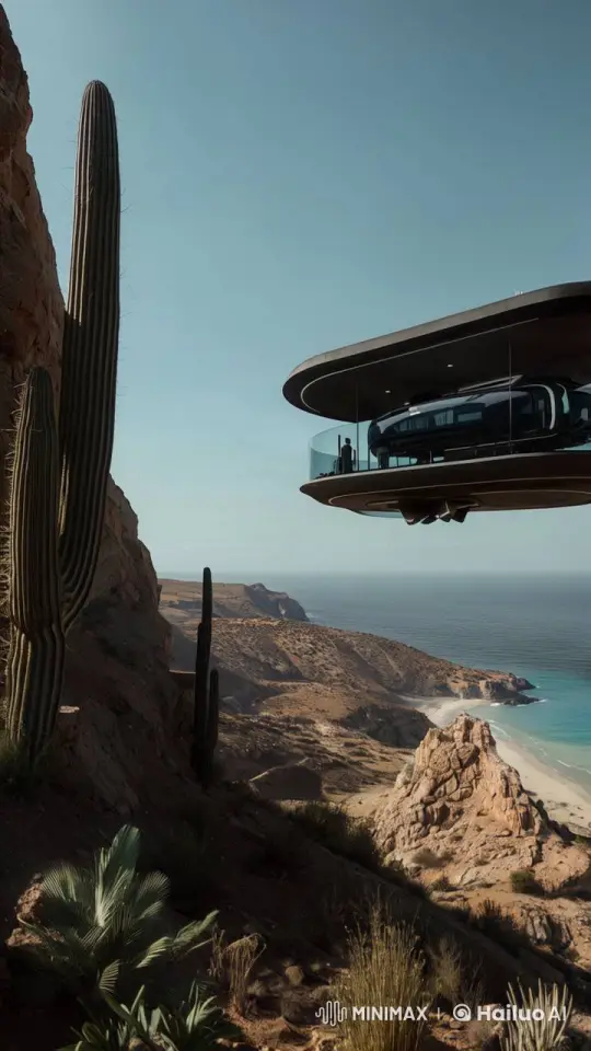 Futuristic Hovering Platform Over Coastal Landscape – AI Generated Video | Hailuo AI
