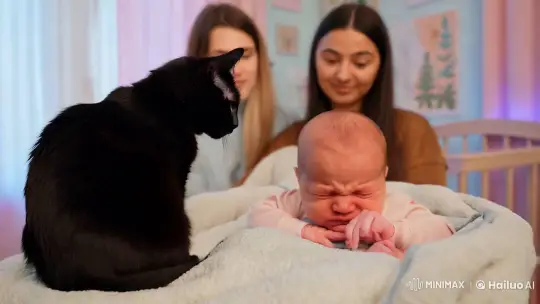 Tender Moment: Newborn, Cat, and Friends in Nursery – AI Generated Video | Hailuo AI