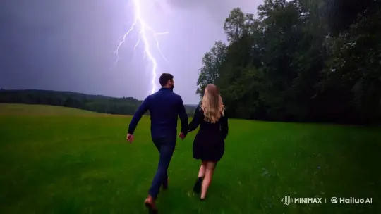 Runners in the Storm: Love Across a Verdant Meadow – AI Generated Video | Hailuo AI