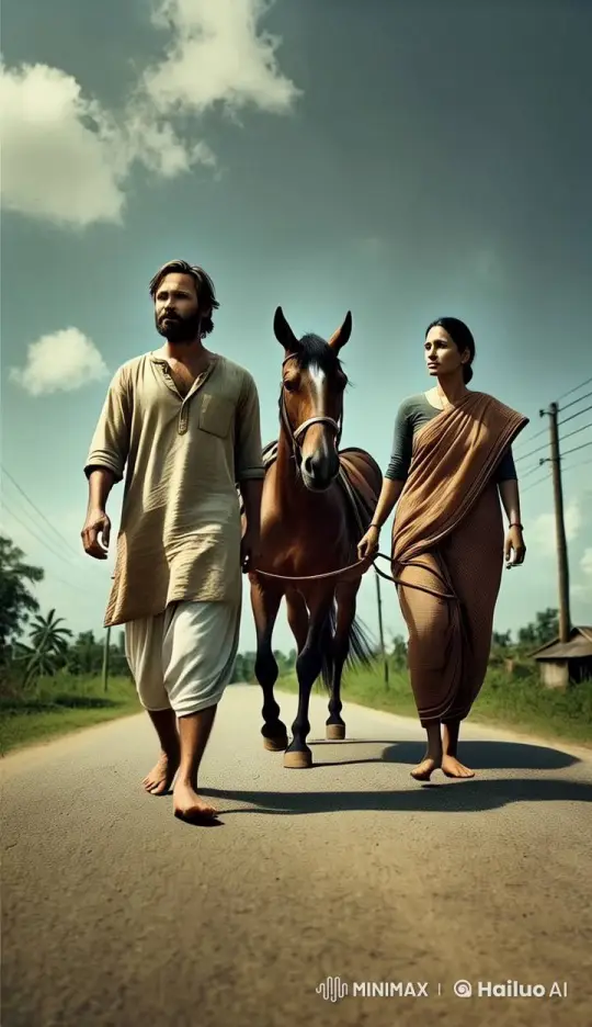 Couple and Horse Walk Reflectively on Serene Rural Road – AI Generated Video | Hailuo AI