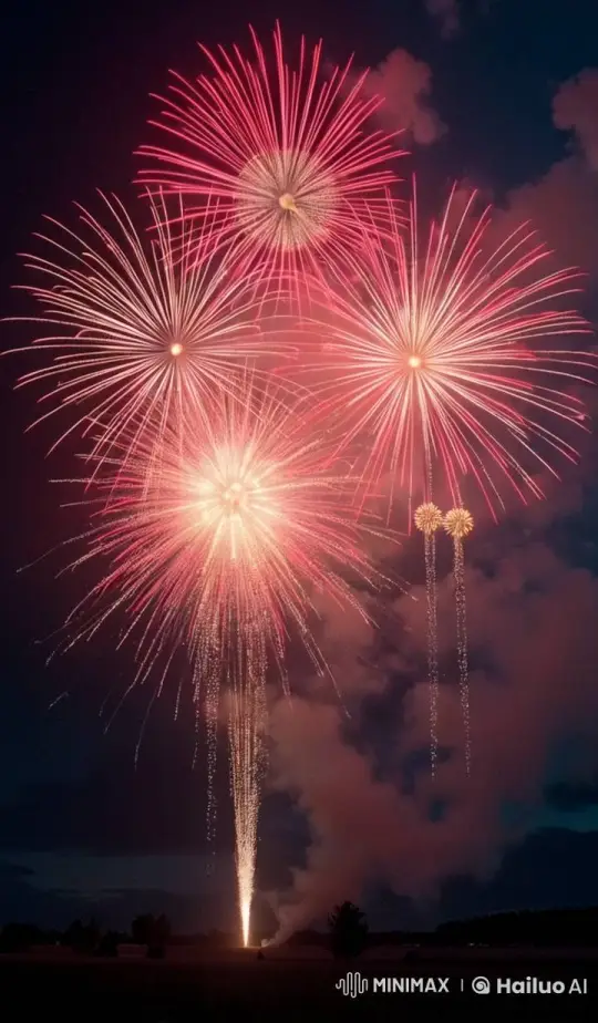 Dusk Fireworks Display: Vibrant Night Sky Celebration – AI Generated Video | Hailuo AI