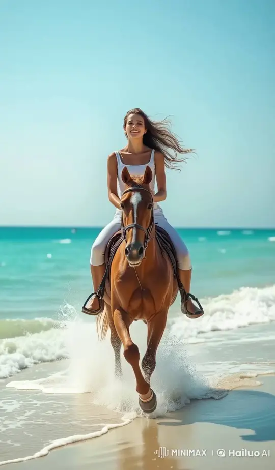 Realistic Animation of Woman Riding Horse on Beach – AI Generated Video | Hailuo AI