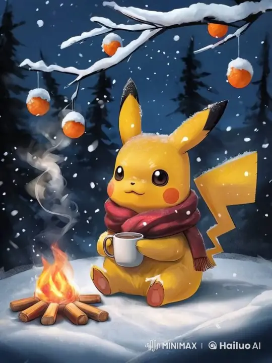 Pikachu Enjoys Winter Night by the Campfire – AI Generated Video | Hailuo AI