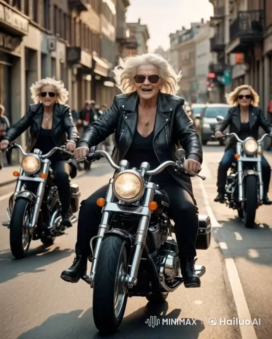 Elderly Women Enjoy Motorcycle Ride in Bustling City – AI Generated Video | Hailuo AI
