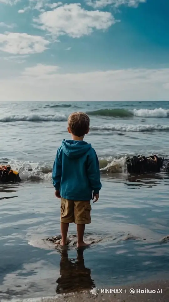 Boy Stands at Shore Observing Polluted Sea – AI Generated Video | Hailuo AI