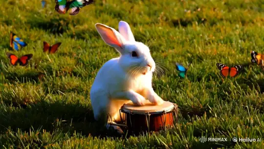 Playful Rabbit in Meadow with Butterflies and Drum – AI Generated Video | Hailuo AI