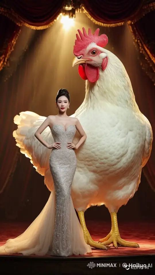Glamorous Woman and Giant Chicken on Stage – AI Generated Video | Hailuo AI