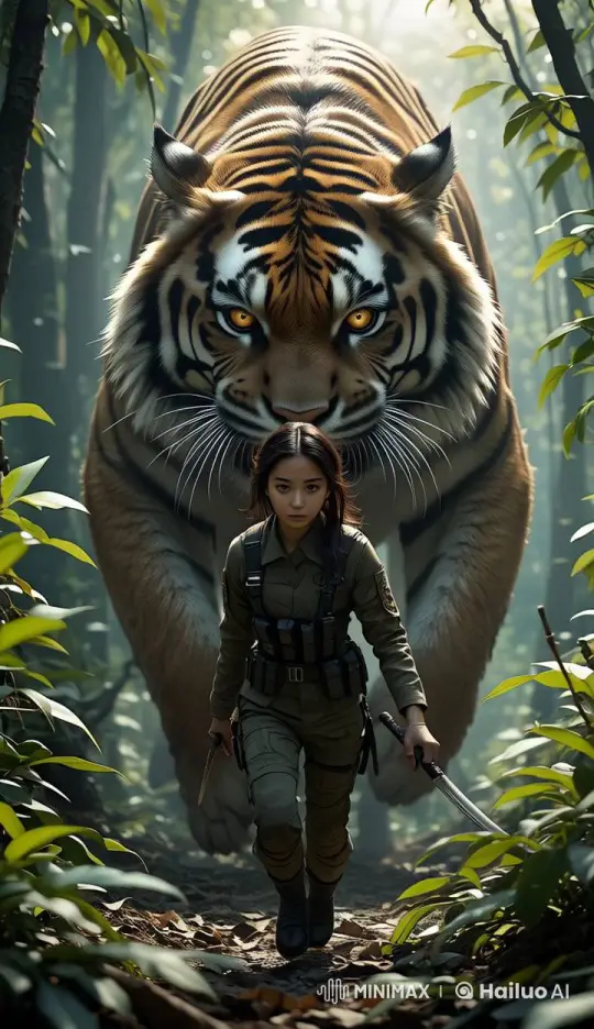 Determined Woman Fleeing Through Jungle with Tiger Chase – AI Generated Video | Hailuo AI