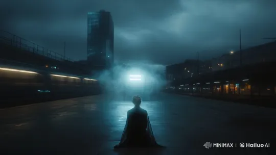 Contemplative Figure Amidst Futuristic Train Station Atmosphere – AI Generated Video | Hailuo AI