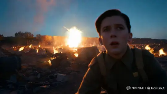 Young Soldier Witnessing Cataclysmic Blast – AI Generated Video | Hailuo AI