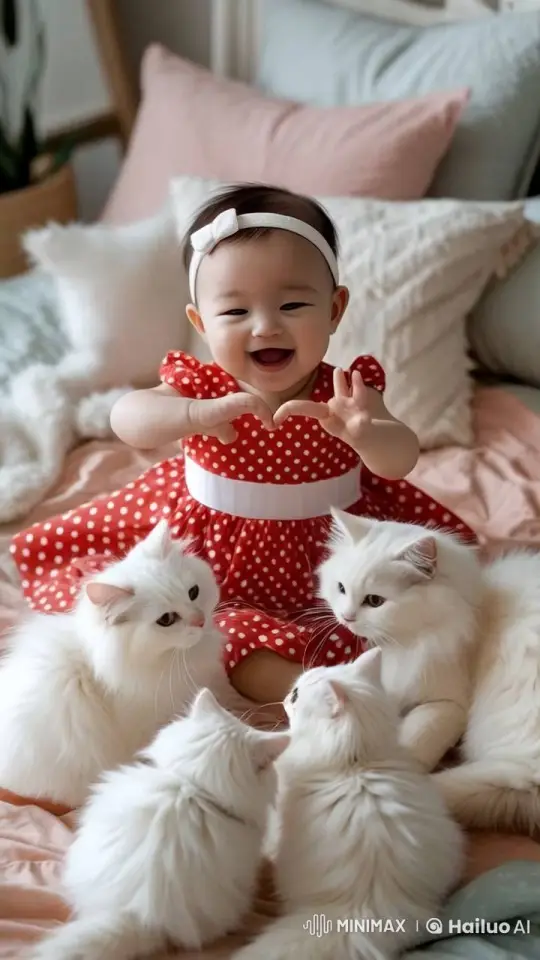 Baby and Cats Share Joyful Heart-Shaped Moment – AI Generated Video | Hailuo AI