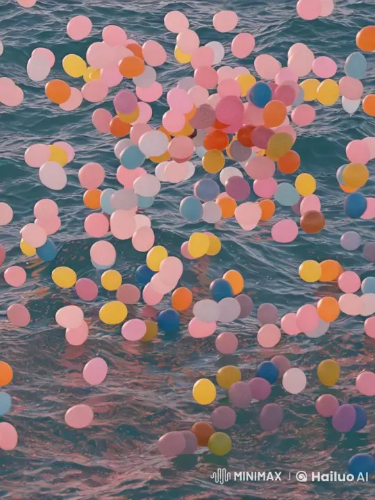 Colorful Balloons Dance Over Serene Ocean at Dusk – AI Generated Video | Hailuo AI