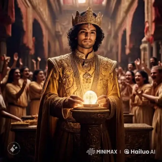 Royal Figure Celebrates with Glowing Orb Amidst Festive Hall – AI Generated Video | Hailuo AI