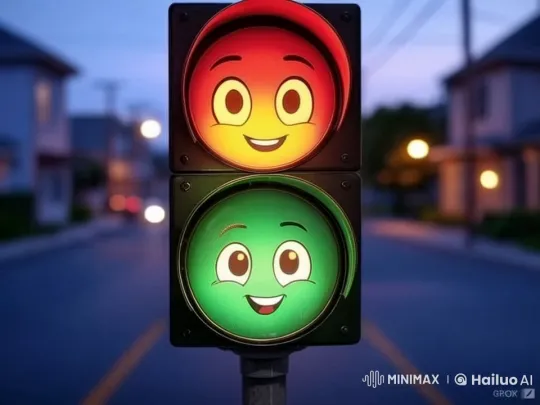 Animated Traffic Lights Convey Emotions in Suburban Dusk Scene – AI Generated Video | Hailuo AI