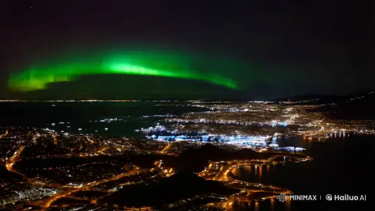 City Lights Meet Northern Lights: A Nighttime Dual Spectacle – AI Generated Video | Hailuo AI