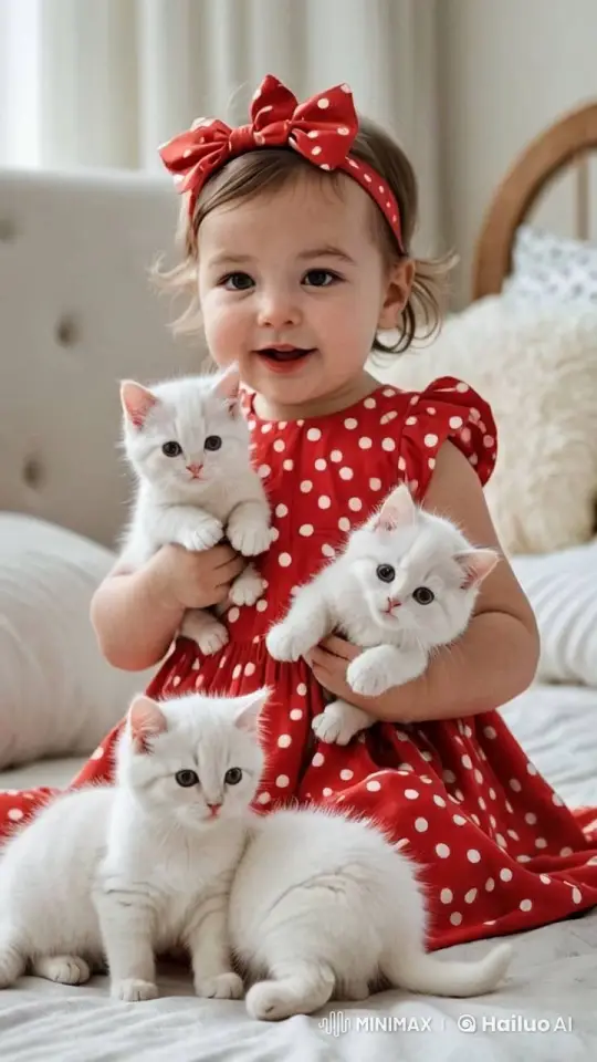Baby in Polka Dot Dress Joyfully Sings with Kittens – AI Generated Video | Hailuo AI