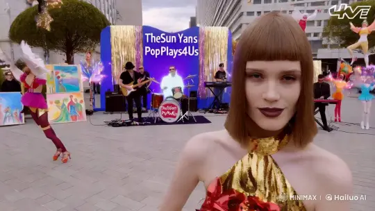 Model's Silent Dance Amidst Pop Punk Band in 4k City Square – AI Generated Video | Hailuo AI