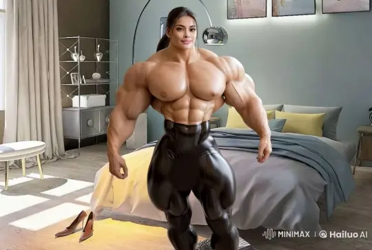 Confident Woman Showcases Muscles in Modern Bedroom – AI Generated Video | Hailuo AI