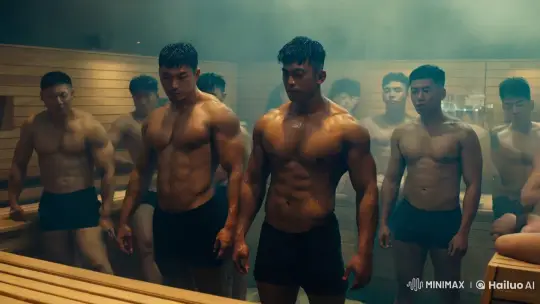 Muscular Men in Steamy Gay Sauna – AI Generated Video | Hailuo AI
