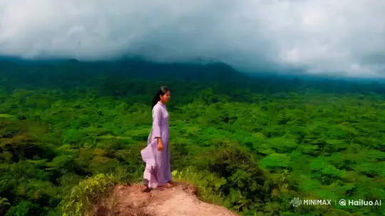 Malay Woman Stands Resolute in Whirling Forest Panorama – AI Generated Video | Hailuo AI