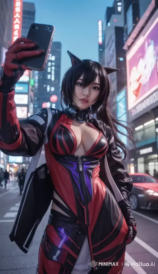 Futuristic Woman Takes Selfie in Bustling Cyberpunk Cityscape – AI Generated Video | Hailuo AI