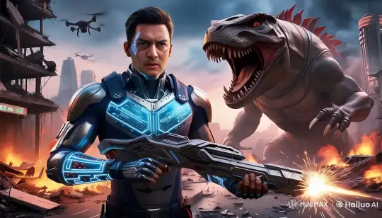 Futuristic Soldier Battles Immune Dinosaur Amid Urban Chaos – AI Generated Video | Hailuo AI