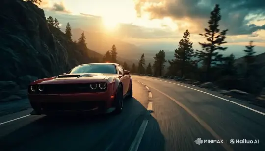 Sleek Red Car Drives Through Scenic Mountain Sunset – AI Generated Video | Hailuo AI