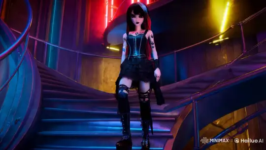 Gothic-Emo Girl Meets Confident Man on Staircase – AI Generated Video | Hailuo AI