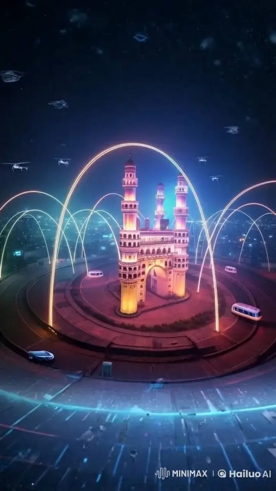 Futuristic Cityscape with Neon-Lit Monument in Live2D – AI Generated Video | Hailuo AI