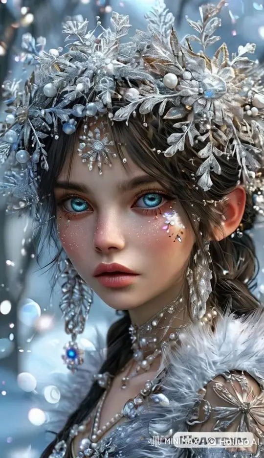 Enchanting Woman in Snowflake Jewelry with Dynamic Background – AI Generated Video | Hailuo AI
