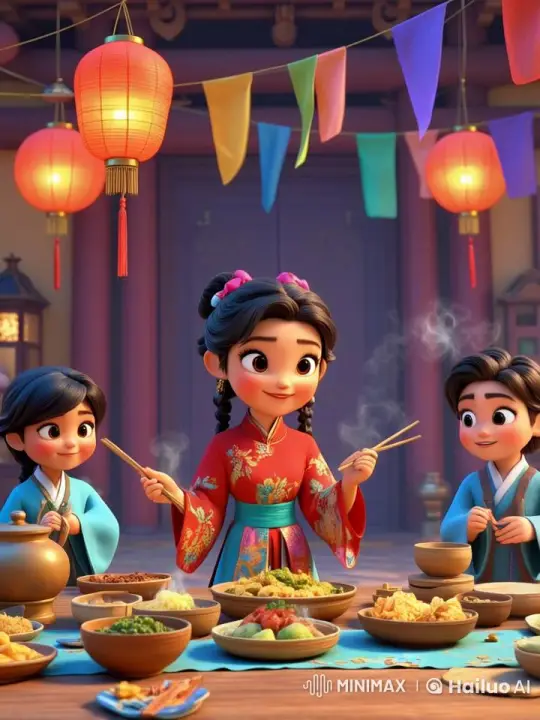 Animated Characters Enjoy Festive Meal in Traditional Attire – AI Generated Video | Hailuo AI