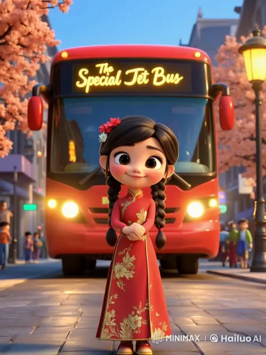 Young Girl Greets 'The Special Tet Bus' in Animated Scene – AI Generated Video | Hailuo AI