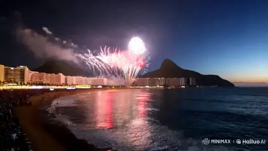 Midnight Fireworks Over Copacabana Beach – AI Generated Video | Hailuo AI