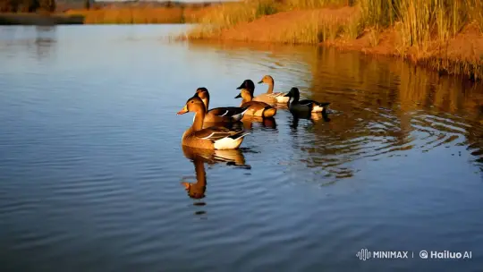 Ducks Swimming Gracefully on a Serene Lake Shore – AI Generated Video | Hailuo AI