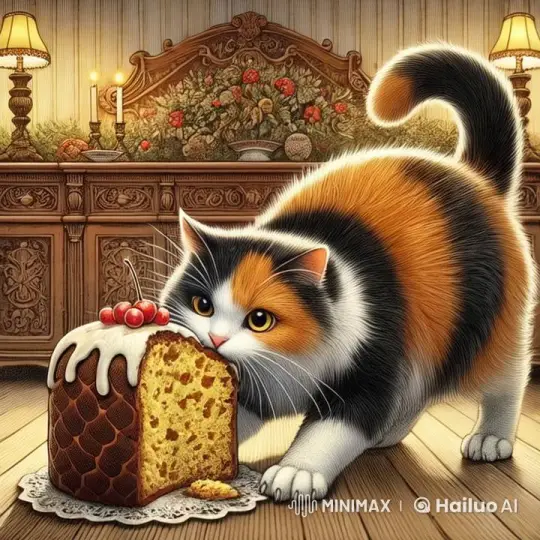 Curious Calico Cat Examines Panettone in Vintage Setting – AI Generated Video | Hailuo AI