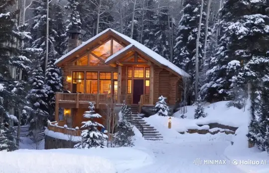 Polar Bear Delivers Gift from Cozy Snowy Cabin – AI Generated Video | Hailuo AI